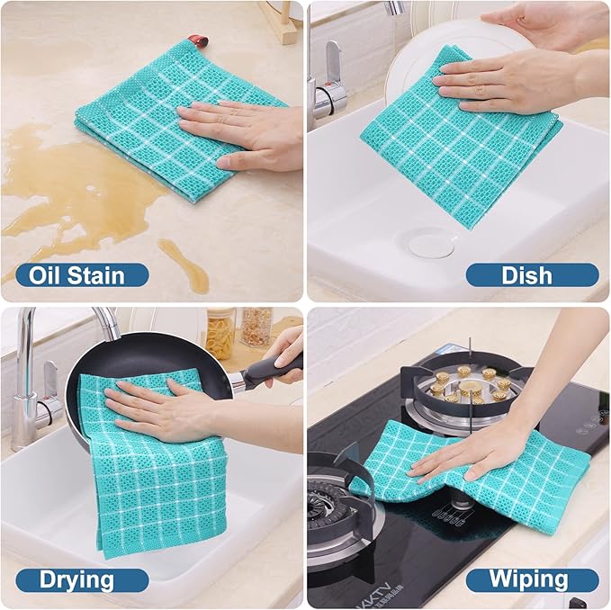 Homaxy 100% Cotton Kitchen Towels 6 Pack-15 X 25 Inches, Check Design Waffle Weave Hand Tea Towels, Super Soft and Absorbent Dish Towel for Drying Dishes, Aqua