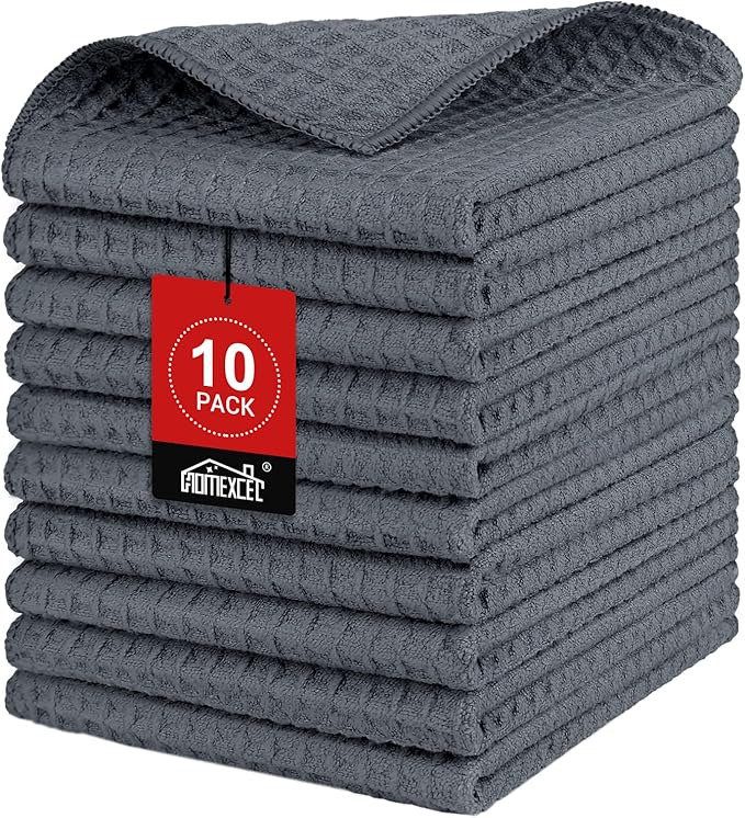 HOMEXCEL Waffle Weave Microfiber Towel, 10 Pack Lint Free Cleaning Rags, 12 x 12 Inches Barista Towels, Reusable Microfiber Cleaning Cloth for Household, Kitchen, Glass and Window, Grey