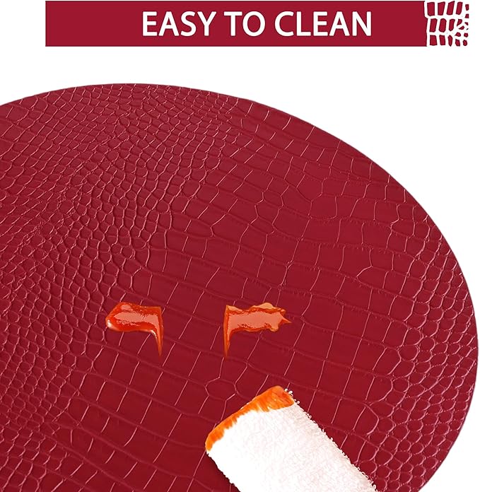 Jovono Round Leather Placemats for Round Tables Set of 4, Red Place Mats and Coasters, Wipeable Waterproof Heat Resistant Table Mats Easy to Care for Indoor Decor 13 inch Diameter
