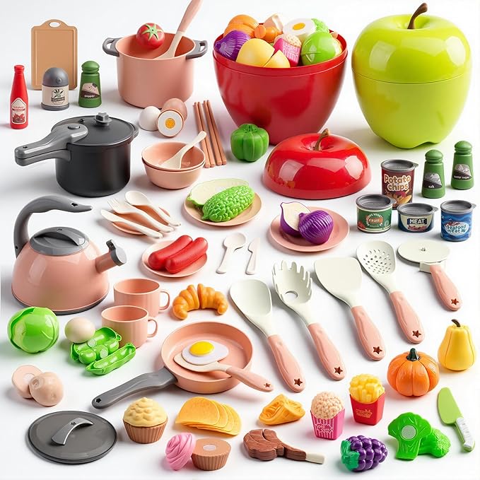 100Pcs Kitchen Playset, Kids Pretend Cooking Play Pots, Pans, Utensils, Cookware, Toy Food Fruits Veggies, with 2 Large Apple - Shaped Storage, Toddler Cooking Learning Gift(Pink)