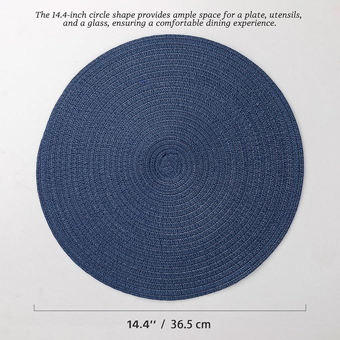 Round Placemats Set of 4 Woven Placemats Washable Braided Table Mats for Dining Table Heat Resistant Non-Slip Circle Place Mats(Navy Blue)