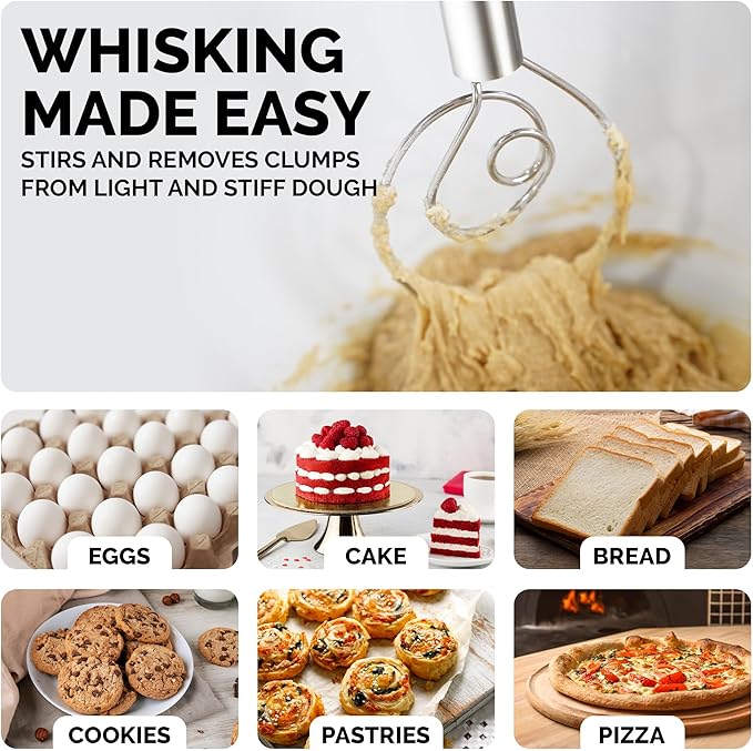 Zulay Kitchen 13-Inch Danish Dough Whisk - Stainless Steel Danish Whisk for Cooking with Dough Hook - Traditional Dutch Whisk - Bread Whisk for Sourdough, Pizza, Pastry, Cake Batter - Stainless Steel