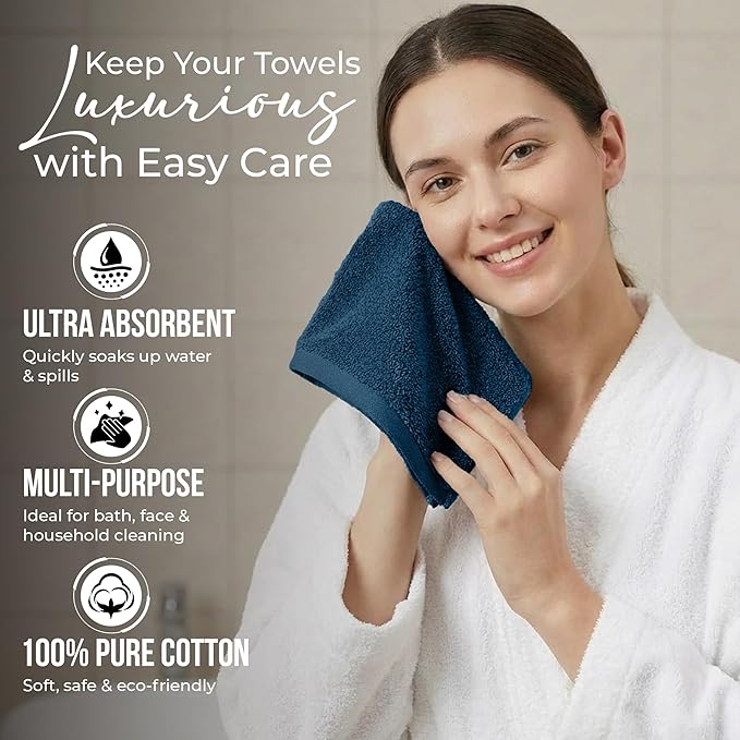 RIVERSIDE Pack of 24 Wash Cloths for Showering, 12 x 12 Inches, Super Soft & Absorbent, 100% Cotton Washcloths Premium Quality Flannel Face Cloths for Bathroom, Gym, Spa (Navy Blue, 24 Pack)