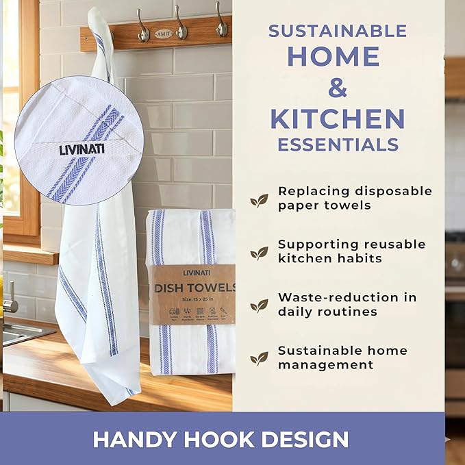 Bulk Kitchen Towels Cotton for Chefs in Commercial Restaurants - 15"X25" - 6 Pack - White Linen Tea Dish Towels - Lint Free Soft Absorbent Side Blue Striped Herringbone Weave Towles