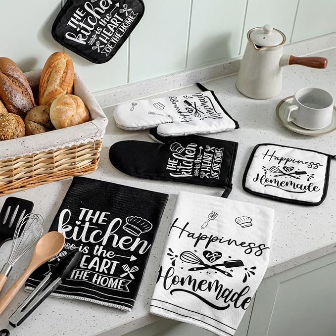 Sratte 6 Pcs Kitchen Decor Accessories Set Farmhouse Towels Pot Holders Oven Mitts Set 2 Dish Towels 2 Potholders 2 Cooking Mittens Oven Glove for Christmas Baking Cooking Supply(White,Kitchen)