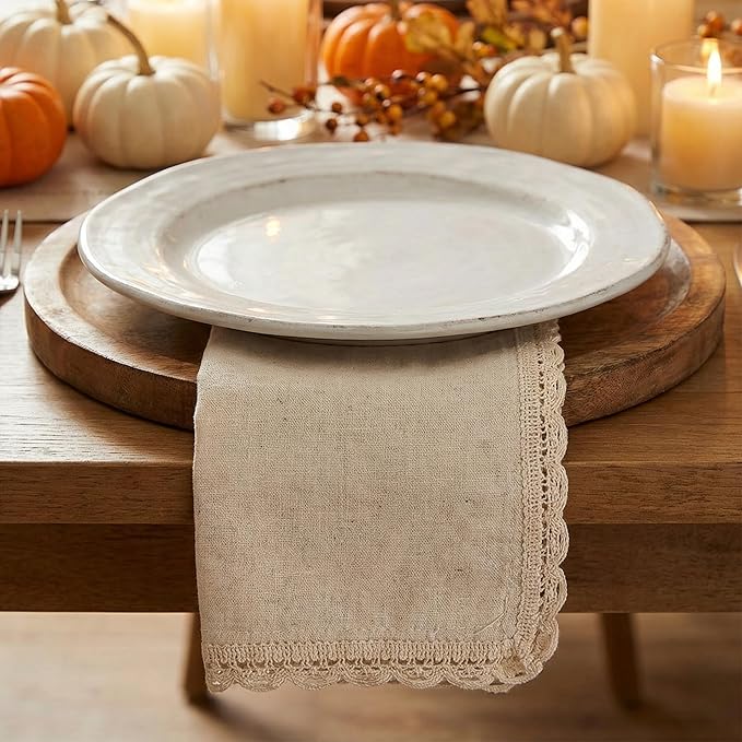 Flax Lace Cloth Dinner Napkins Set of 12 Natural - 20x20 Inches, Spring Basket Décor Premium Cotton Linen Dinning Table Napkin for Easter, Wedding, Birthday | Soft Banquet Event Napkin for Washable