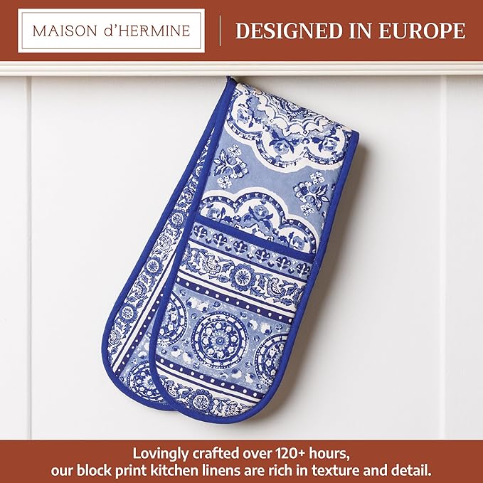 Maison d' Hermine Double Oven Mitts 100% Cotton 7"x35" Double Oven Mitt Heat Resistant BBQ Cooking Gloves with Loop Baking Grilling Gifts for Mothers Day Spring Summer (Melodie Bleue)