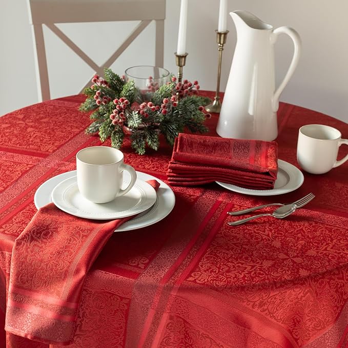 Benson Mills Ravenna Yarn Dyed Jacquard Heavyweight Fabric Table Cloth, Everyday, Parties, Weddings, Holiday, Winter and Christmas Tablecloth (70" Round, Red)