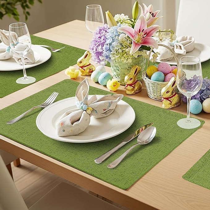 homing Cotton Linen Placemats Set of 6, Cloth Washable Farmhouse Dining Table Mats for Indoors & Outdoors, Easy to Clean, Grass Green, 13 x 19 Inch