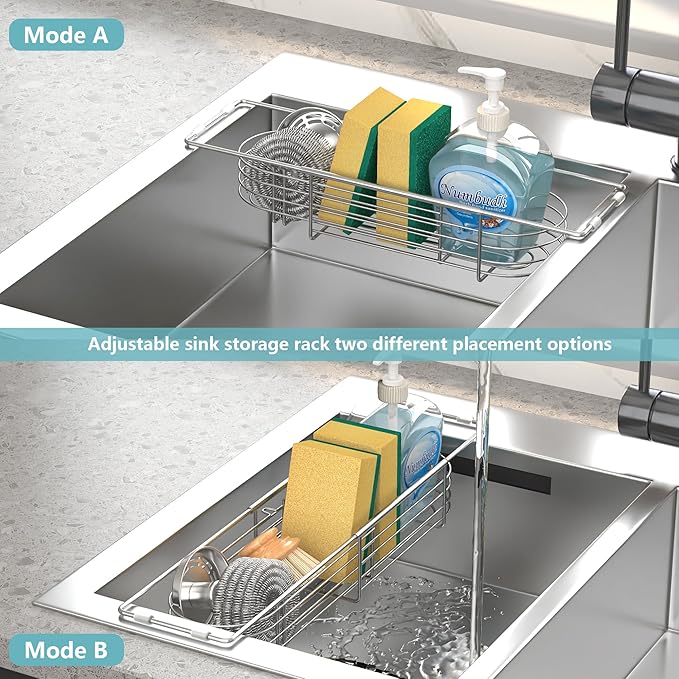 Sink Caddy Sponge Holder Kitchen Sink Organizer, Telescopic sink organizer rack for kitchen Expandable 13.4" to 17.1", Stainless Steel