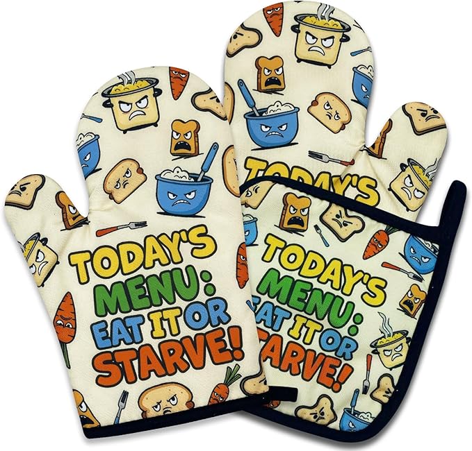 Funny Oven Mitts and Pot Holders Set of 3, Today's Menu Eat It or Starve, Heat Resistant Non-Slip Kitchen Mitts Hot Pads, Humor Kitchen Decor Gifts for Women Men Chef Friend Cooking Lovers