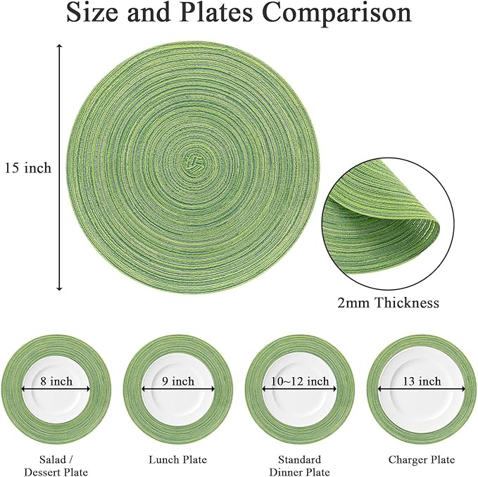 SHACOS Round Placemats Set of 4 Round Table Placemats Braided Cotton Place Mats 15 inch for Kitchen Dining Table Holiday Party (Mixed Color Pea Green, 4)