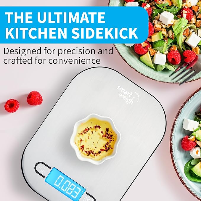 Smart Weigh Stainless Steel Digital Kitchen Scale for Cooking, Weight Loss, Calorie Tracking, Baking, Food Portion Control, and Meal Prep - Accurate Measurements in Grams and Ounces