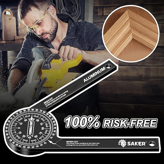Saker Miter Saw Protractor|7-Inch Aluminum Protractor Angle Finder Featuring Precision Laser-Inside & Outside Miter Angle Finder for Carpenters, Plumbers and All Building Trades(2PCS)