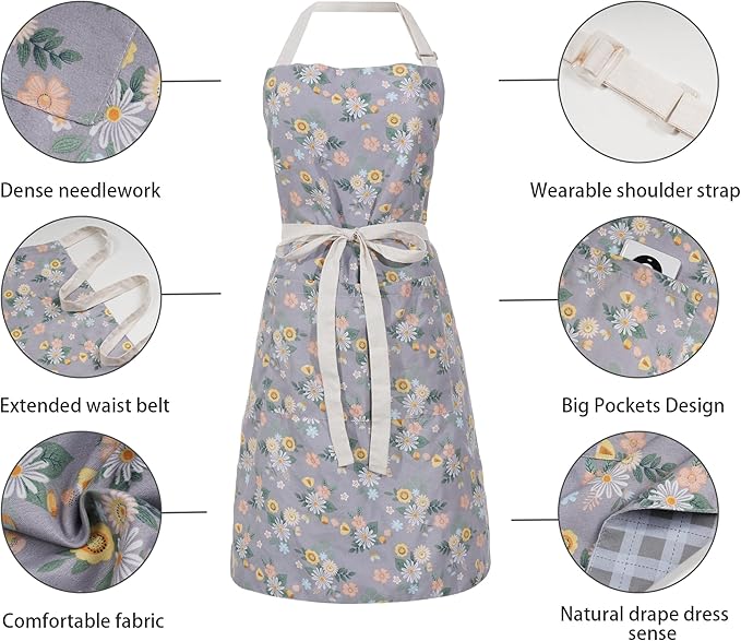 Aoomzoon Kitchen Aprons for Women with 2 Pockets,Double Sided Vintage Adjustable Apron for Gardening Cooking Arting Painting