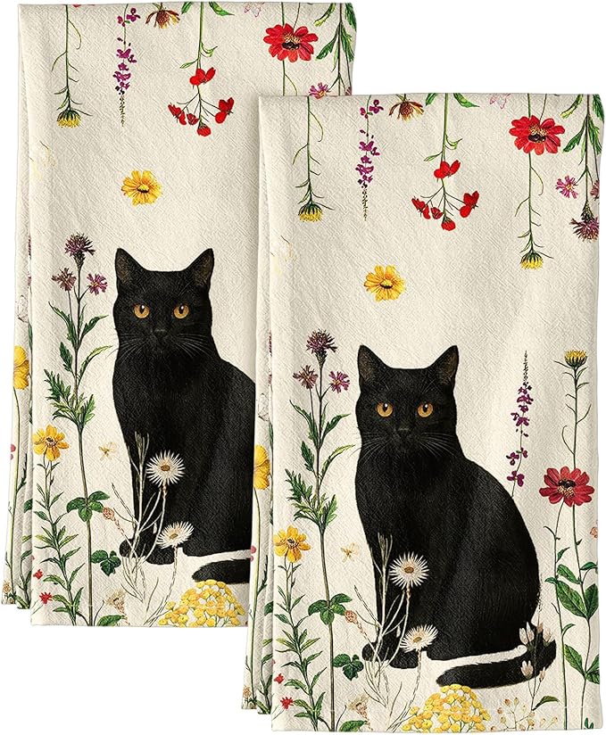 Miss Adola Flour Sack Kitchen Towels Set of 2-18x26 Cotton Dish Towels with Hanging Loop Reusable Tea Towel for Cleaning Spring Absorbent Dishcloths Cute Home Decor Housewarming, Retro Cats Floral