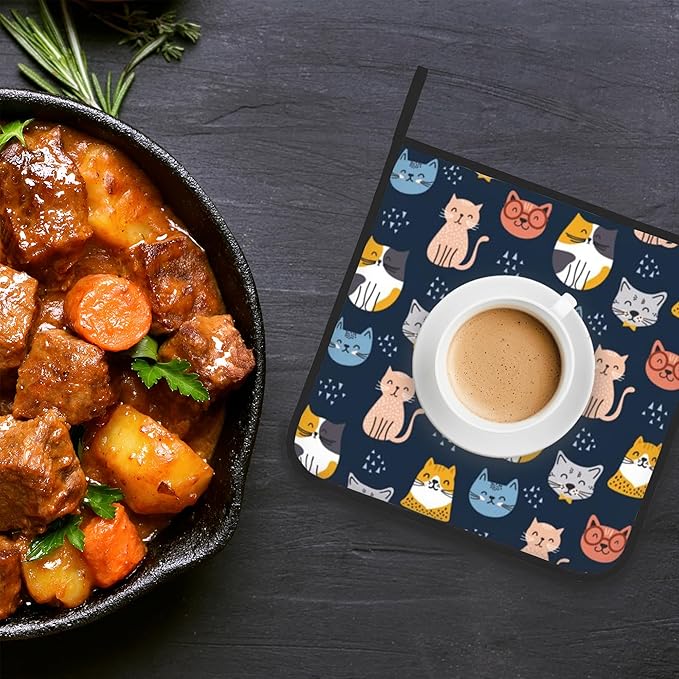 Cute Cat Pot Holder Set of 2,Heat Resistant Potholders Oven Hot Pads for Kitchen Cooking Baking BBQ