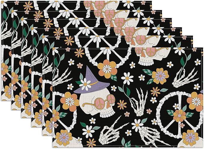 Hippie Peace Skeleton Floral Placemats Set of 6, Washable Heat Resistant Table Mat Linen Place Mats for Party Kitchen Dining Home Decor 12x18 Inch