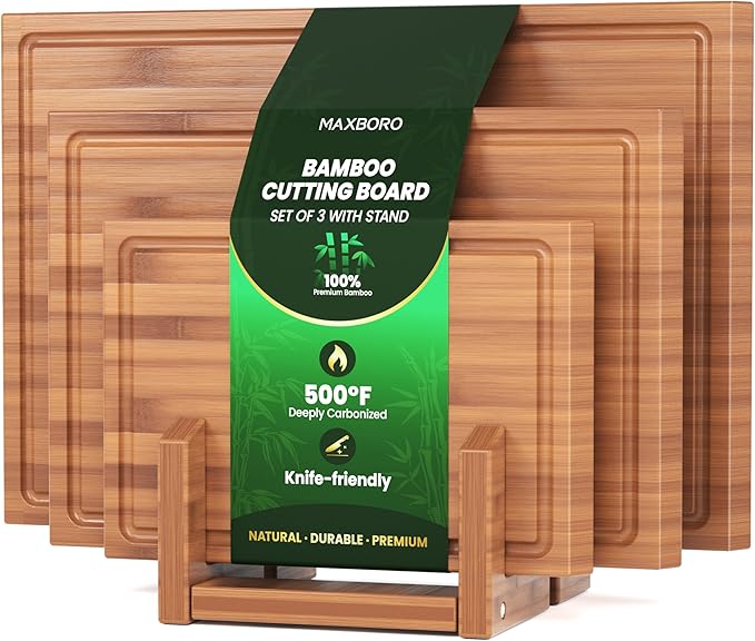Bamboo Cutting Board Set of 3, Durable Wooden Chopping Boards with Distinctive Stand & Juice Grooves, Ideal for Meat, Vegetables, Fruit, Charcuterie Prep & Serving, Kitchen Essentials, Gifts for Mom