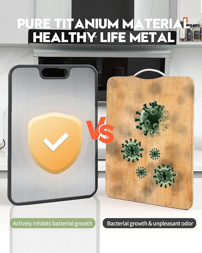 Titanium Cutting Board for Kitchen, Non Toxic Stainless Steel Cutting Board Double Sided, Food Grade Pure Titanium & Wheat Straw PP, Meat & Vegetable Chopping Boards, Scratch Resistant, Large 16”×11”