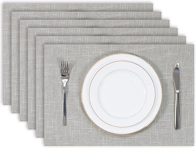 Kevin Textile Burlap Linen Placemats Set of 6 Heat Resistant Dining Table Place Mats Washable Kitchen Table Mats for Dinning Party Holiday Indoor Outdoor, 13 x19 inches, Grey White