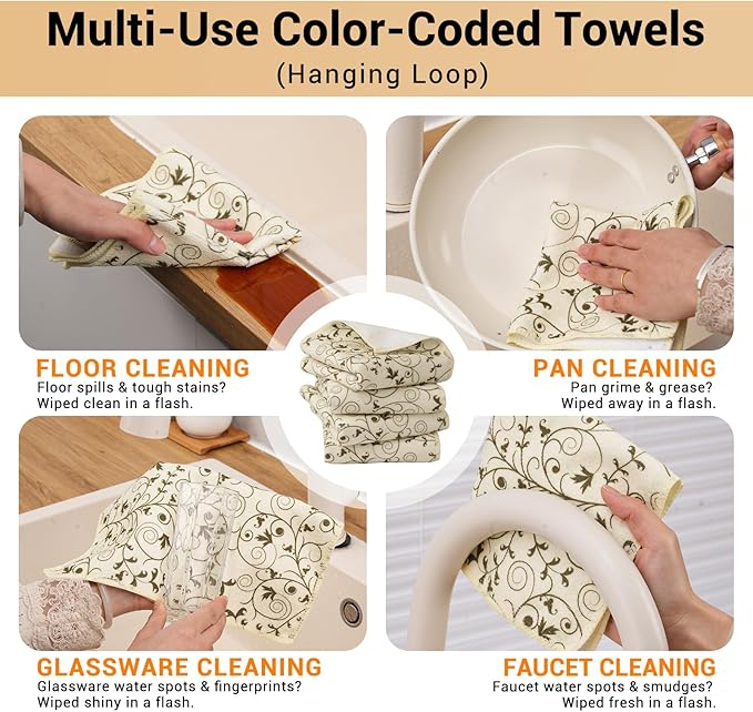 YUA Microfiber Cleaning Cloth 12 Pack,Microfiber Towels Cleaning,Microfiber Towels for Cars,Absorbent Dish Washing Cloth,Reusable Cleaning Cloths Lint Free (Green Vine)