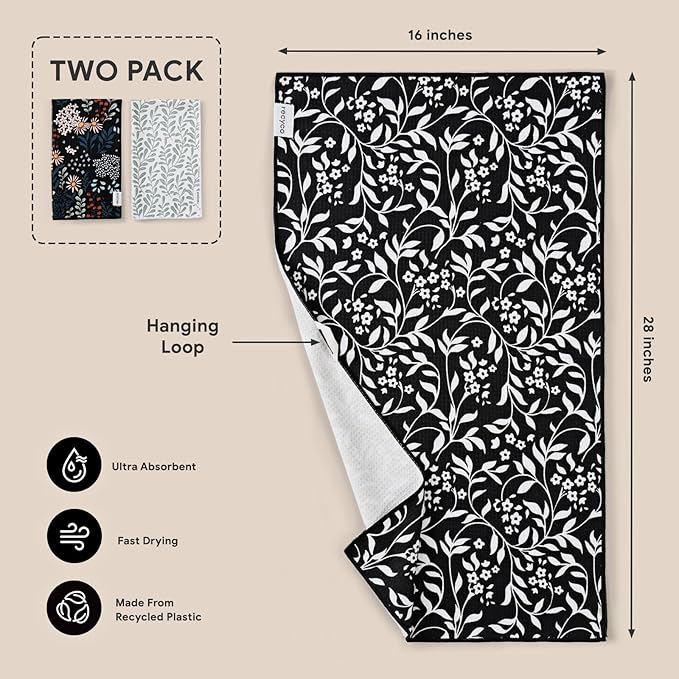 RECYCO Waffle Kitchen Towel Set of 2 - Quick Dry Microfiber Sustainable Dish Towels - Ultra Absorbent Reusable Cleaning Tea Towels - Lightweight Hand Towels,16”x 28”, Enchanted Bloom