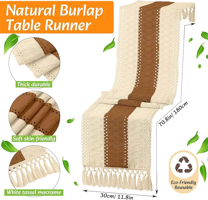 Boho Placemats 4/6/8 Set of Round Woven Placemat Macrame Style Bicolor Stitching Long Table Runner Farmhouse Rustic Natural Burlap Cotton for Kitchen Dining Table(4 Sets,Caramel Color,12x72)