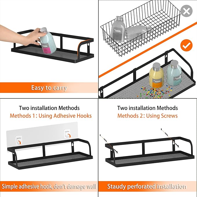 PUSDON 2-Pack Wide Hollowout Shower Caddy & Spice Rack, Wall Mount Bathroom Organizer with Mesh Bottom, Easy Access Cabinet Door Shelf Holds 50LBS - Matte Black, Hollowout
