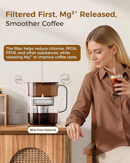 Waterdrop Cold Brew Coffee Maker with 1 Magnesium Water Filter for Well-Balanced Acidity, Unlocks Aroma, BPA-Free Cold Brew Pitcher, Stainless Steel Filter for Iced Coffee, Tea, Lemonade, Brown