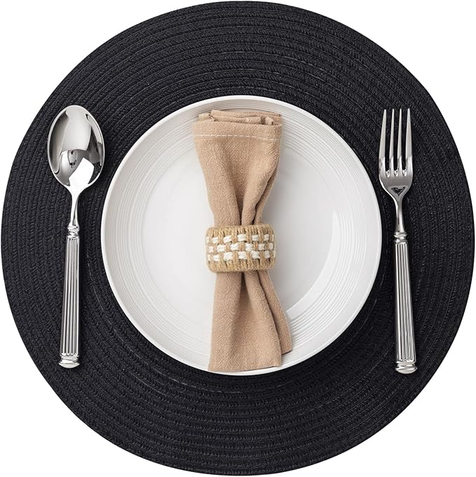 Round Placemats Set of 6 Woven Placemats Washable Braided Table Mats for Dining Table Heat Resistant Non-Slip Circle Place Mats(Black)