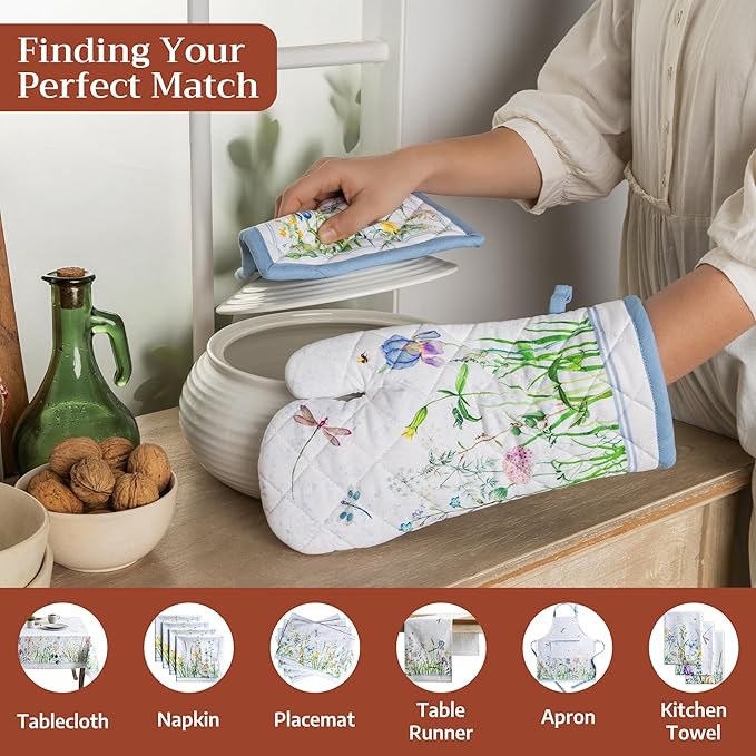 Maison d'Hermine Oven Gloves 100% Cotton Oven Mitt 7" x 13" with Loop Heat Resistant BBQ Cooking Gloves Baking Grilling Gifts for Mothers Day Spring/Summer (Pack of 1, Fleurs De Mai)