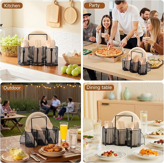 Metal Utensil Caddy Silverware Holder, Paper Plate Holder Cutlery Container,Plate Organizer Flatware Storage Basket Party Camping Picnic Buffet RV BBQ Farmhouse Kitchen Countertop
