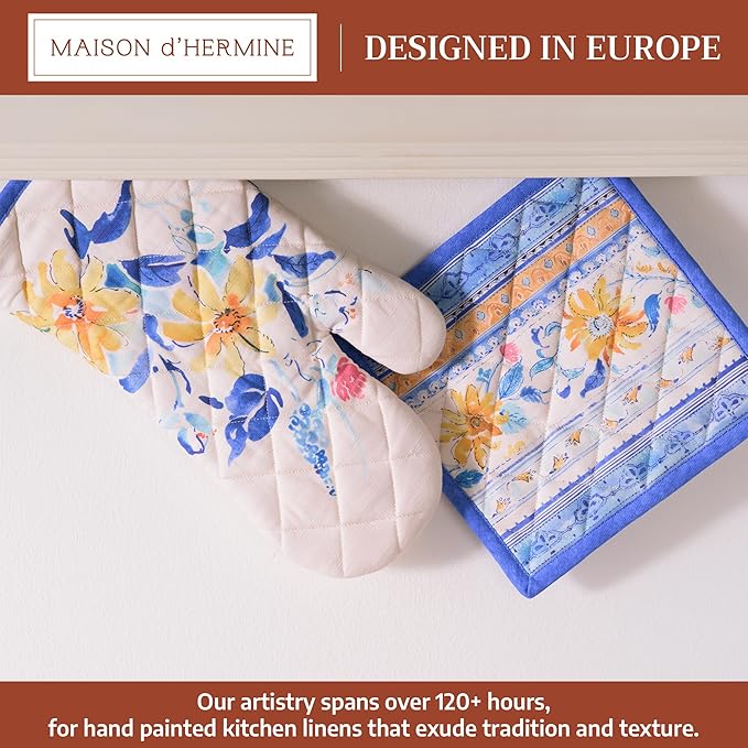 Maison d' Hermine 100% Cotton Oven Mitt & Pot Holder Set (7.5"x13" & 8"x8") Heat Resistant BBQ Cooking Gloves with Loop Baking Grilling Kitchen Gifts for Mothers Day Spring/Summer (Girassol)