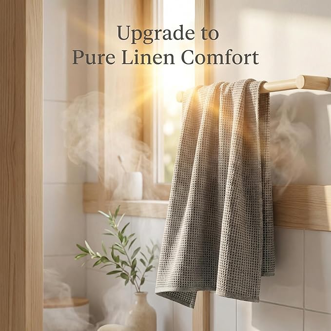Pure 100% Linen Bath Towel - Quick Dry Towels for Travel Lightweight Waffle Towels for Bathroom 30 x 60-inch - Luxury Black-Natural Thin Hair Towel for Gym or Sauna - Sustainable Bath Sheet