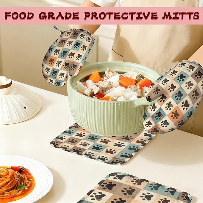 Cute Paw Print Heat-Resistant Silicone Oven Mitts and Pot Holder 4 Piece Set,Vintage Non-Slip Kitchen Oven Gloves for Baking, BBQ, Cooking,Grilling