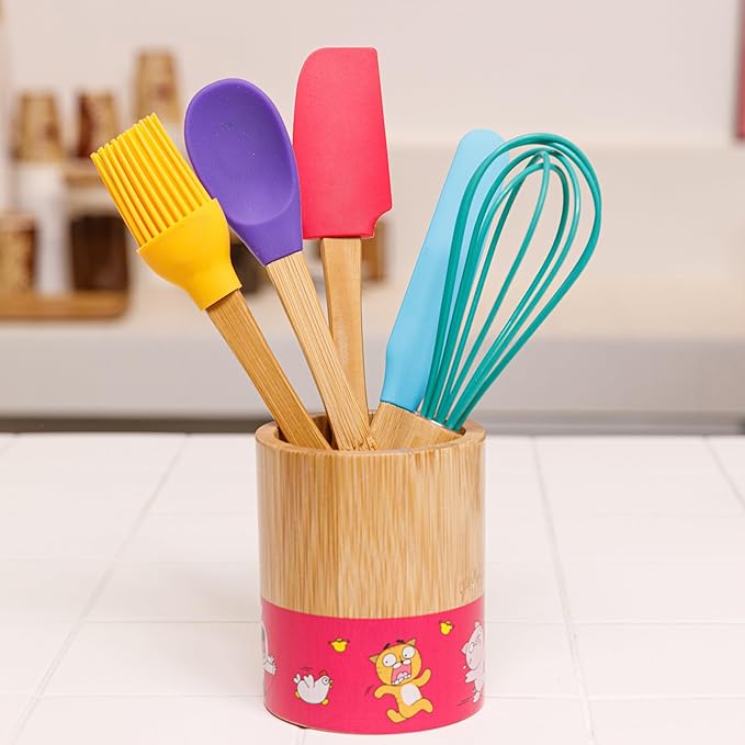Chefclub Kids Montessori Cooking 5-Piece Utensils Set Heat Resistant Non Stick Silicone for Kids & Beginner Kitchen & Cookware Gadgets - Mixing, Whisking, Baking, Brushing