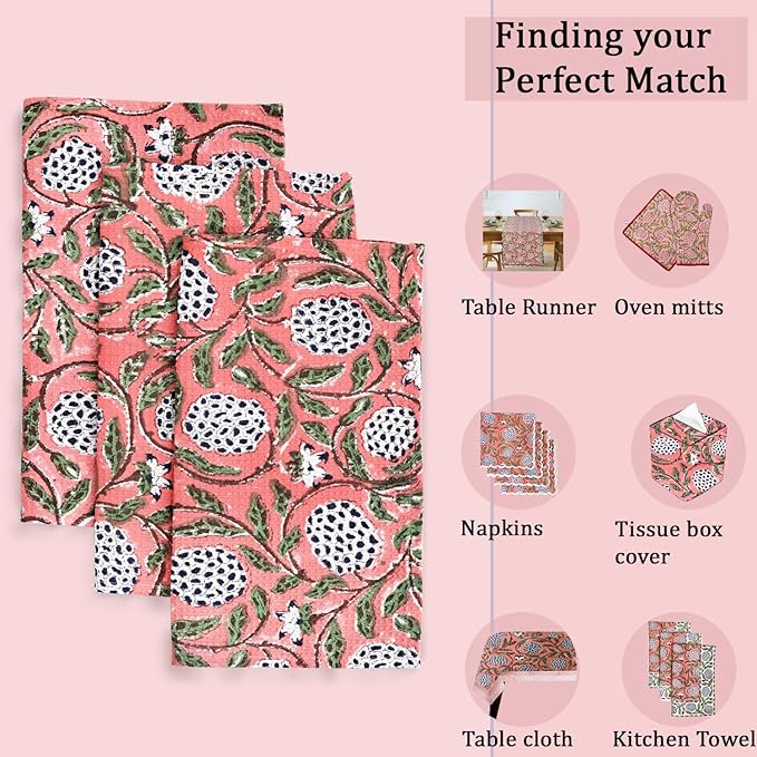Ridhi Dark Salmon Pink Hand Block Print Cotton Waffle Dish Cloth Set of 12-12x12 Inch Super Absorbent, Soft, Reusable Kitchen Towels for Dish Drying Cleaning, Ideal for Spring, Easter, Valentine