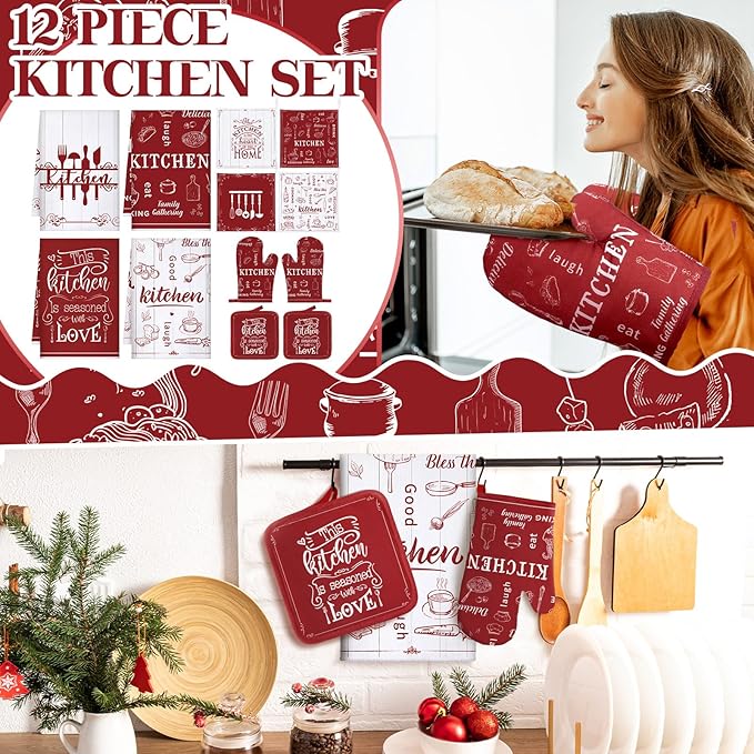 Bencailor 12 Pcs Farmhouse Kitchen Decor and Accessories Sets 4 Red Kitchen Towels 4 Absorbent Dishcloths 2 Pot Holders 2 Oven Mitts Gloves for Home Decor Mom Gifts