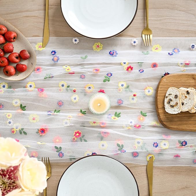 Artoid Mode Milky White Wildflower Floral Gauze Embroidery Table Runner 120 Inch 10FT, Tulle Seasonal Spring Kitchen Dining Table Decor for Home Party