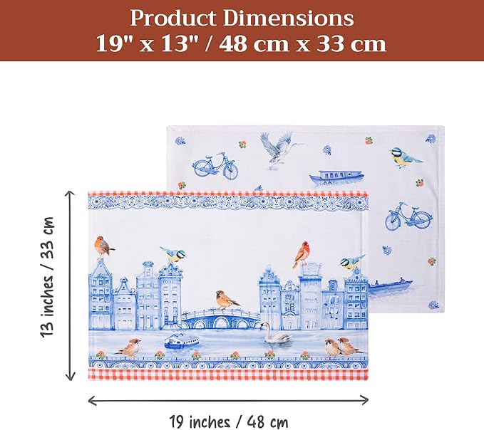 Maison d' Hermine Placemats Set of 4 100% Cotton Washable Cloth Place Mats Reusable Table Mats for Kitchen Dining Party Wedding Gifts for Mothers Day Spring/Summer (Amsterdam Canals, 13" x 19")