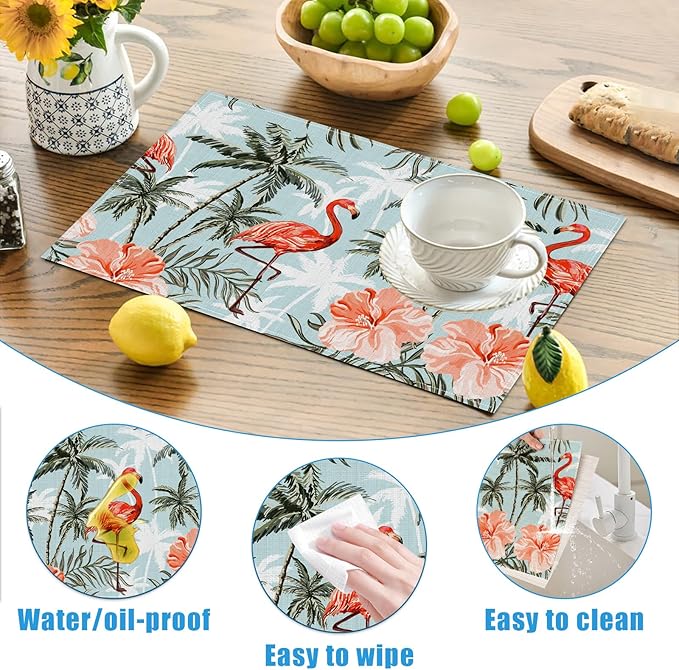 Flamingo Floral Palm Placemats Set of 6, Tropical Flower Tree Washable Linen Place Mat Heat Resistant Non Slip Kitchen Dining Table Mats 12x18 Inch