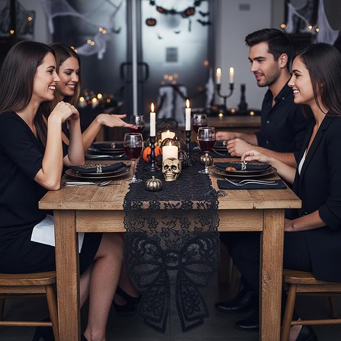Black Lace Table Runner with Big Bow Ends 12 x 71 Inch Vintage Rectangle Macrame Embroidered Runner French Style Tablecloth for Wedding Kitchen Dining Table Home Decor