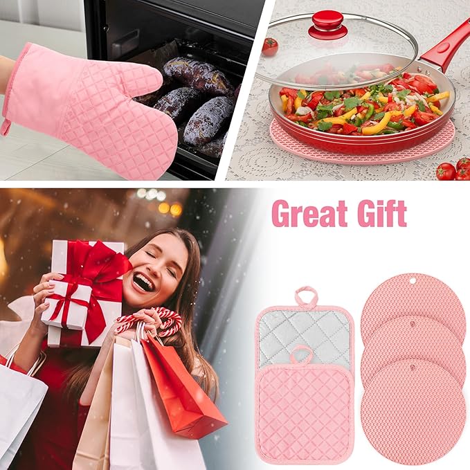 Pink Oven Mitts and Pot Holders 7 Sets, Heat Resistant Kitchen Gloves Pads Potholders for Women Gifts Pot Holders Kitchen Accessories Gift(Pink,Rubber Cotton,Honeycomb)
