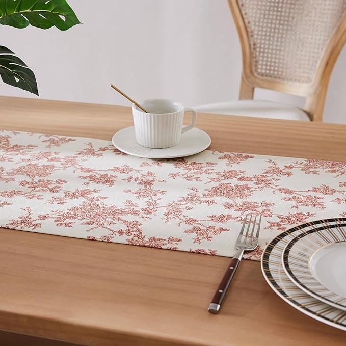 100% Cotton French Pastoral Table Runners, 13x36 Inch red Farmhouse Table Runners 36 Inches Long, Vintage Flowers Print Home Decors