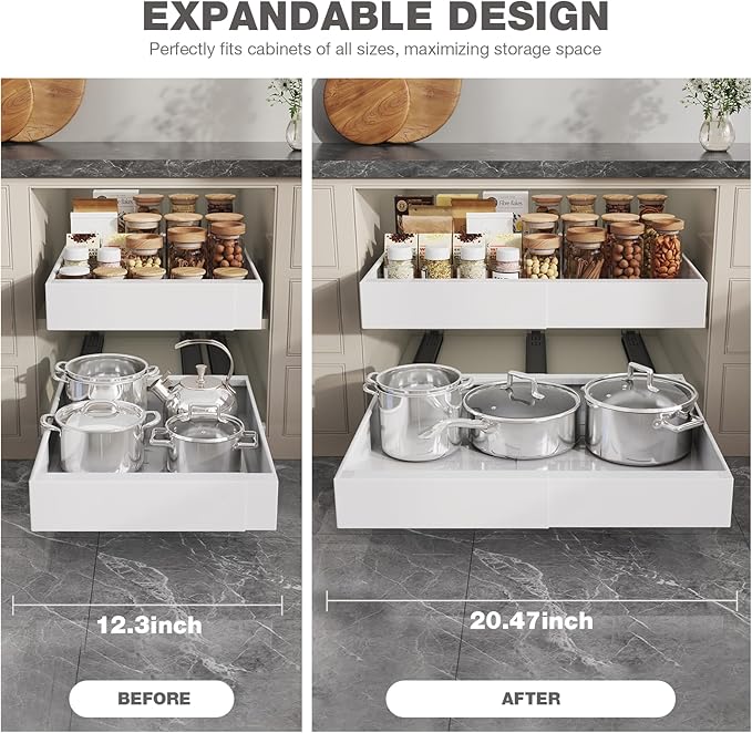 Seinloes 2 Pack Pull Out Cabinet Organizer 19" Deep,Full Extension 3 Slide Rails Slide Out Drawers With Raising Pad for Framed Cabinets,Expandable Width (12.3"-20.5"),No Drill Roll Out shelf,White