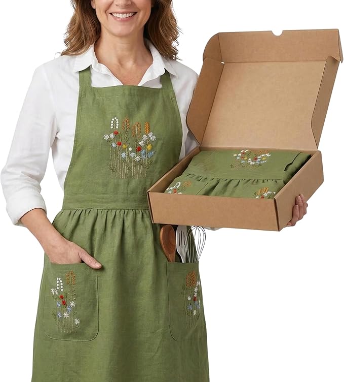 +Linen Embroidered +Apron For +Women With +Pockets, Cute Kitchen Apron, +Cooking +Baking Gifts For Her