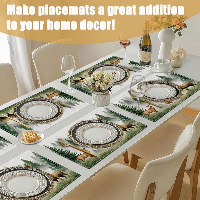 Misty Forest Deer Placemats Set of 6, Watercolor Tree Linen Place Mat Washable Stain Resistant Table Mats for Kitchen Dining Holiday Party 12x18 Inch
