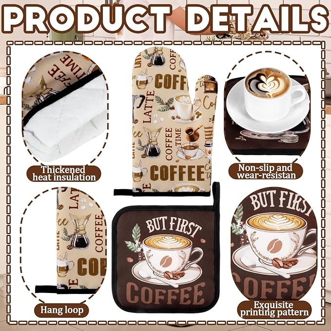 Fourluoo 10 Pcs Coffee Kitchen Decor and Accessories Coffee Oven Mitts and Pot Holders Set Dish Towels Farmhouse Kitchen Decor Vintage Brown Gloves for Chef Baking Cooking Grilling BBQ Women Gift
