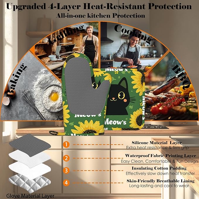 Black Cat Oven Mitts and Pot Holders Sets Cartoon Sunflower Silicone Heat Resistant Kitchen Oven Gloves Pot Holder for Cooking Baking Grilling BBQ